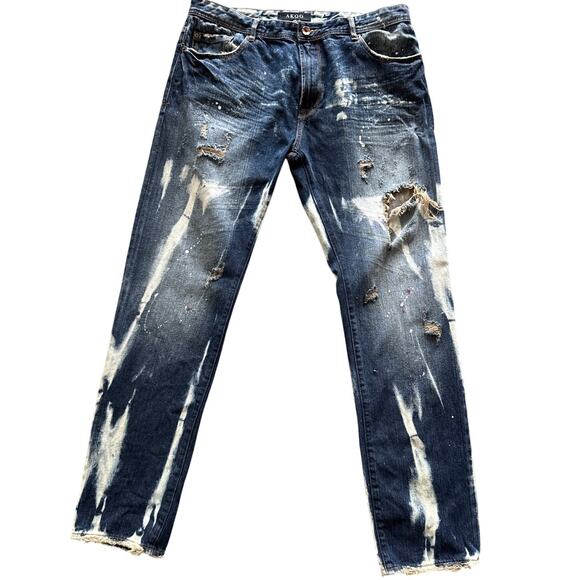 Akoo No Rivals Jeans Men 38x33 Acid Wash Splatter Distressed Bleached Streetwear